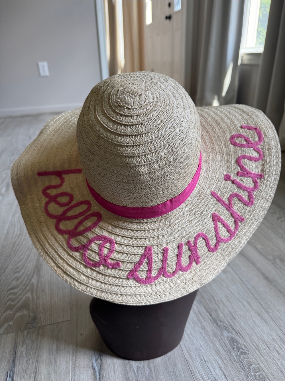 Wide Brim Straw Sun Hat with Pink 'Hello Sunshine' Script
